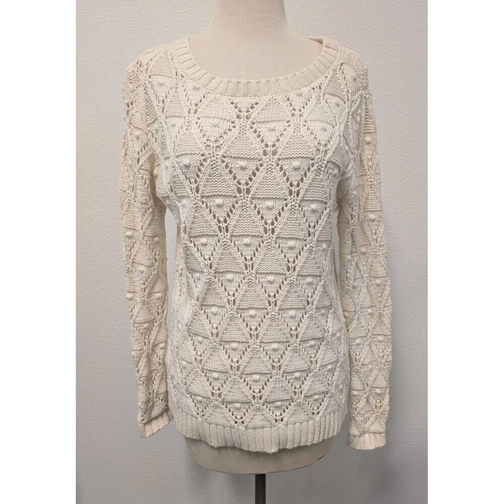 Tommy Hilfiger Ivory Diamond Open Knit Sweater sz M Pom Pom Preppy Classic